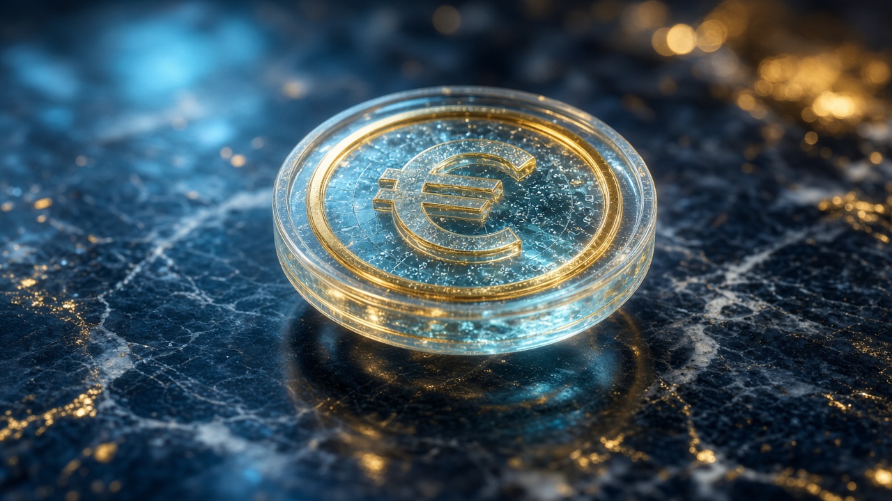 Digitaler Euro-Stablecoin in navy-goldener Lichtstimmung